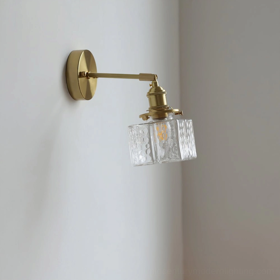 Vintage brass wall sconce with rippled glass shade bedroom ambiance lighting fixture