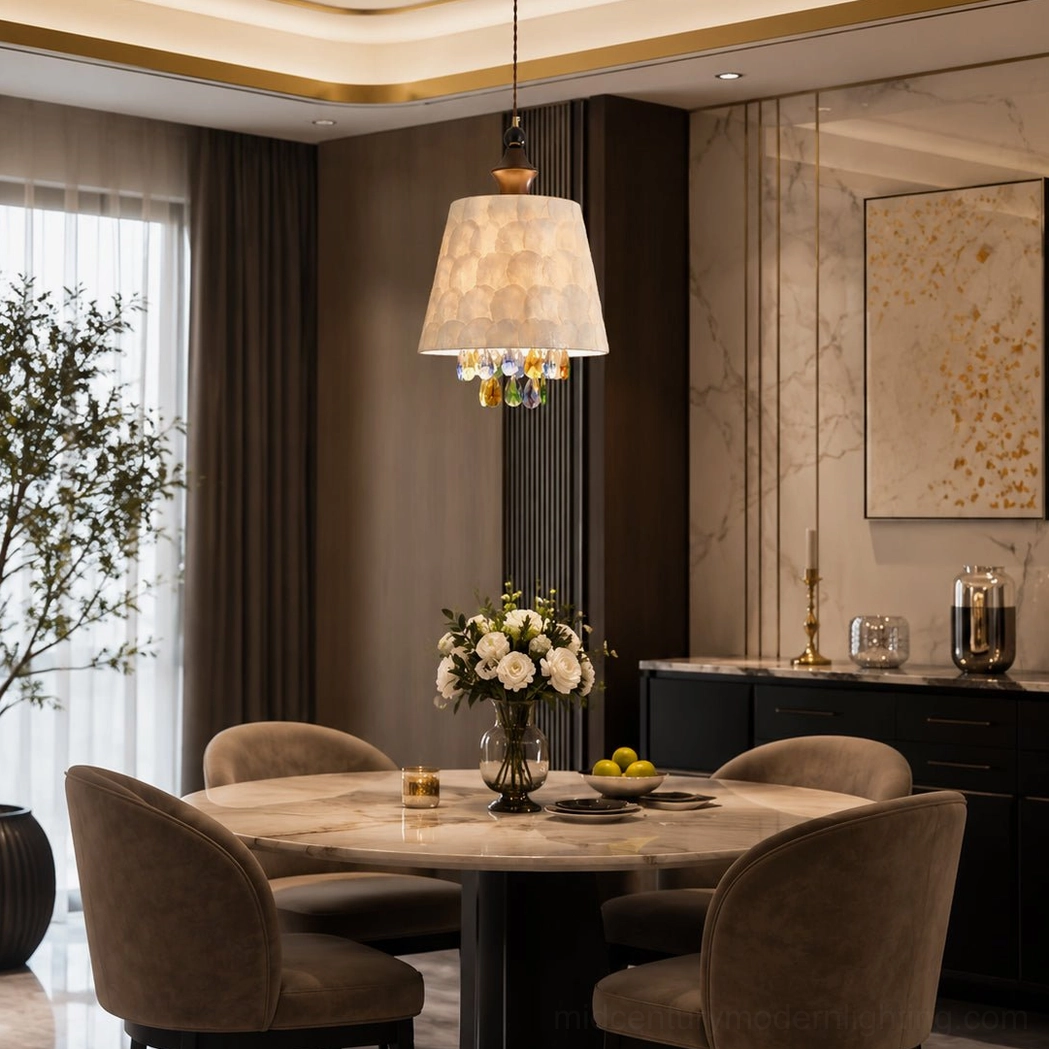 Vintage capiz shell pendant light in modern dining area with dark sideboard, minimalist wall art, and sheer curtains