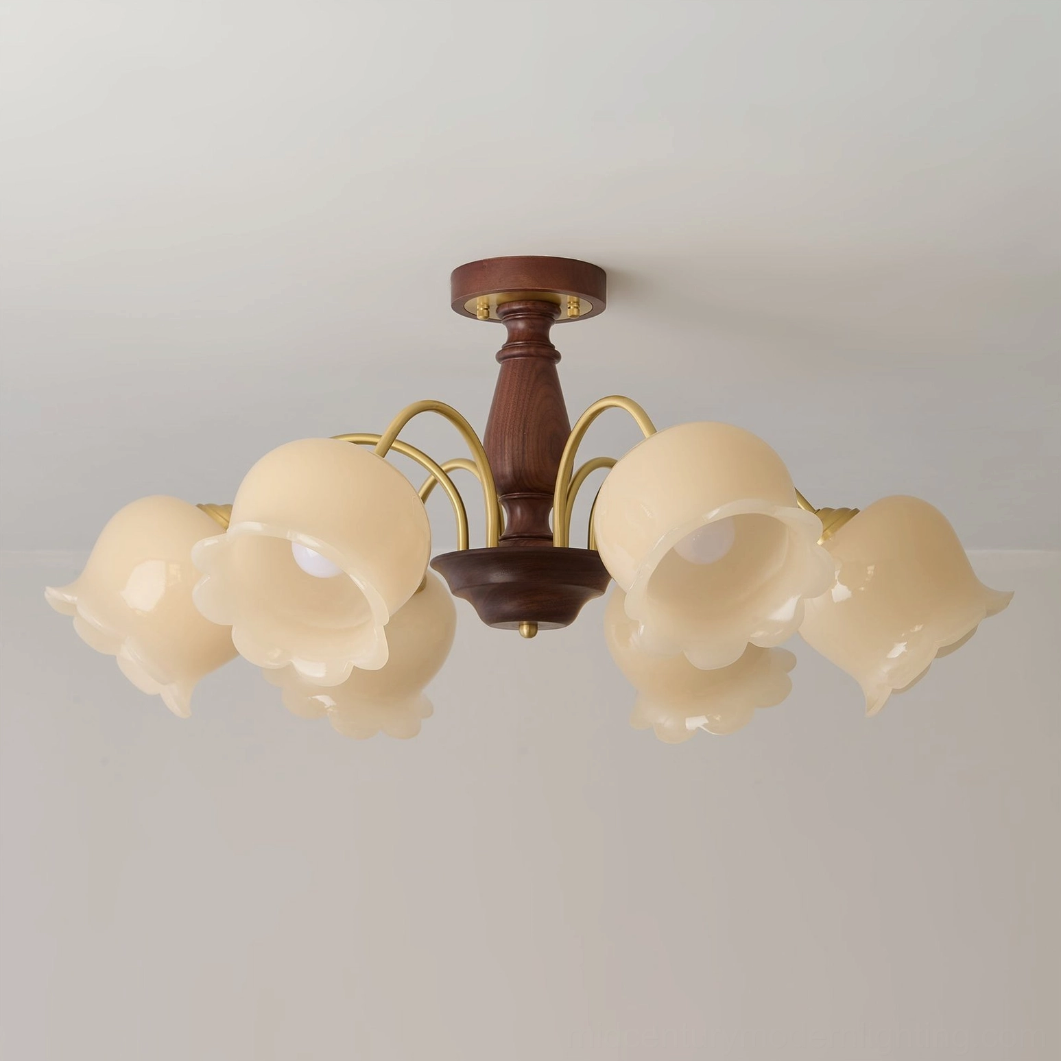 8-head vintage floral chandelier with smooth glossy cream glass shades, rustic brass hardware, mid-century botanical design