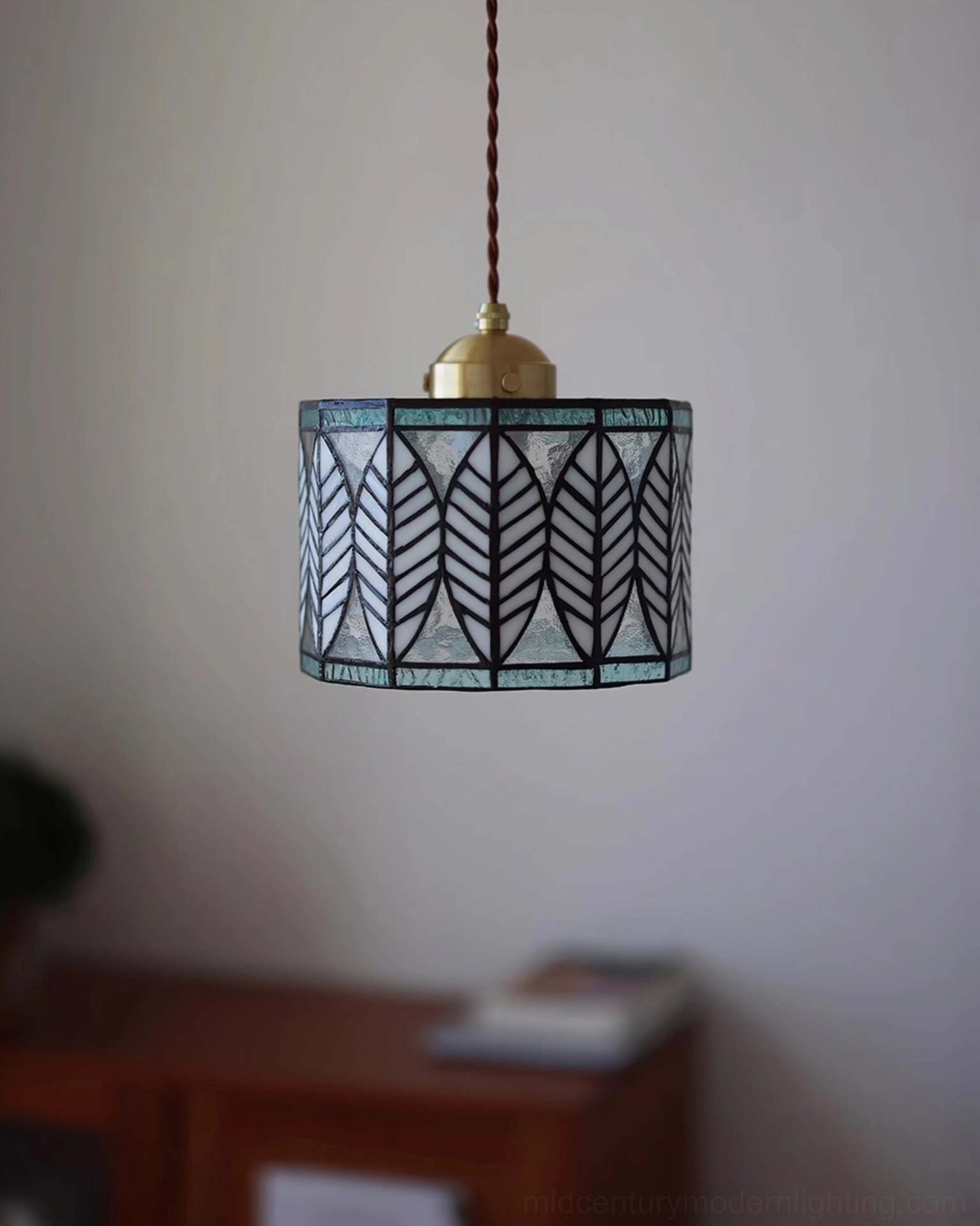 Vintage-style leaf Tiffany pendant light with stained glass shade and traditional brass hardware