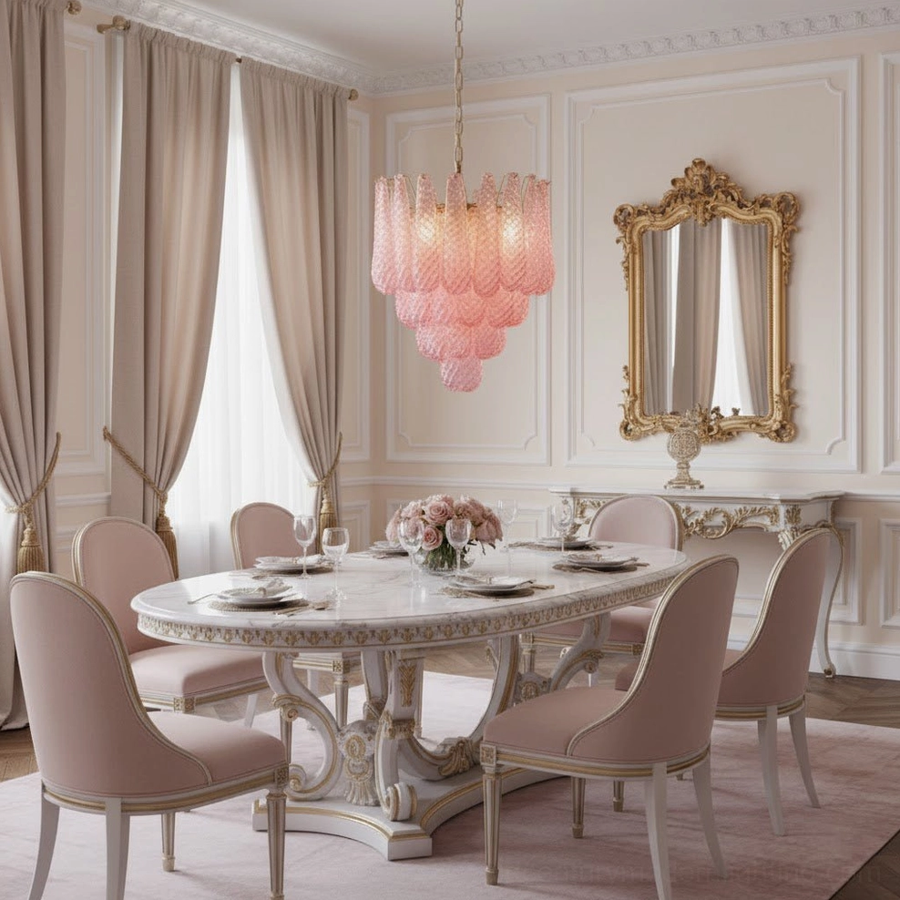 Elegant pink glass drop chandelier in traditional formal dining room with gold mirror and upholstered chairs