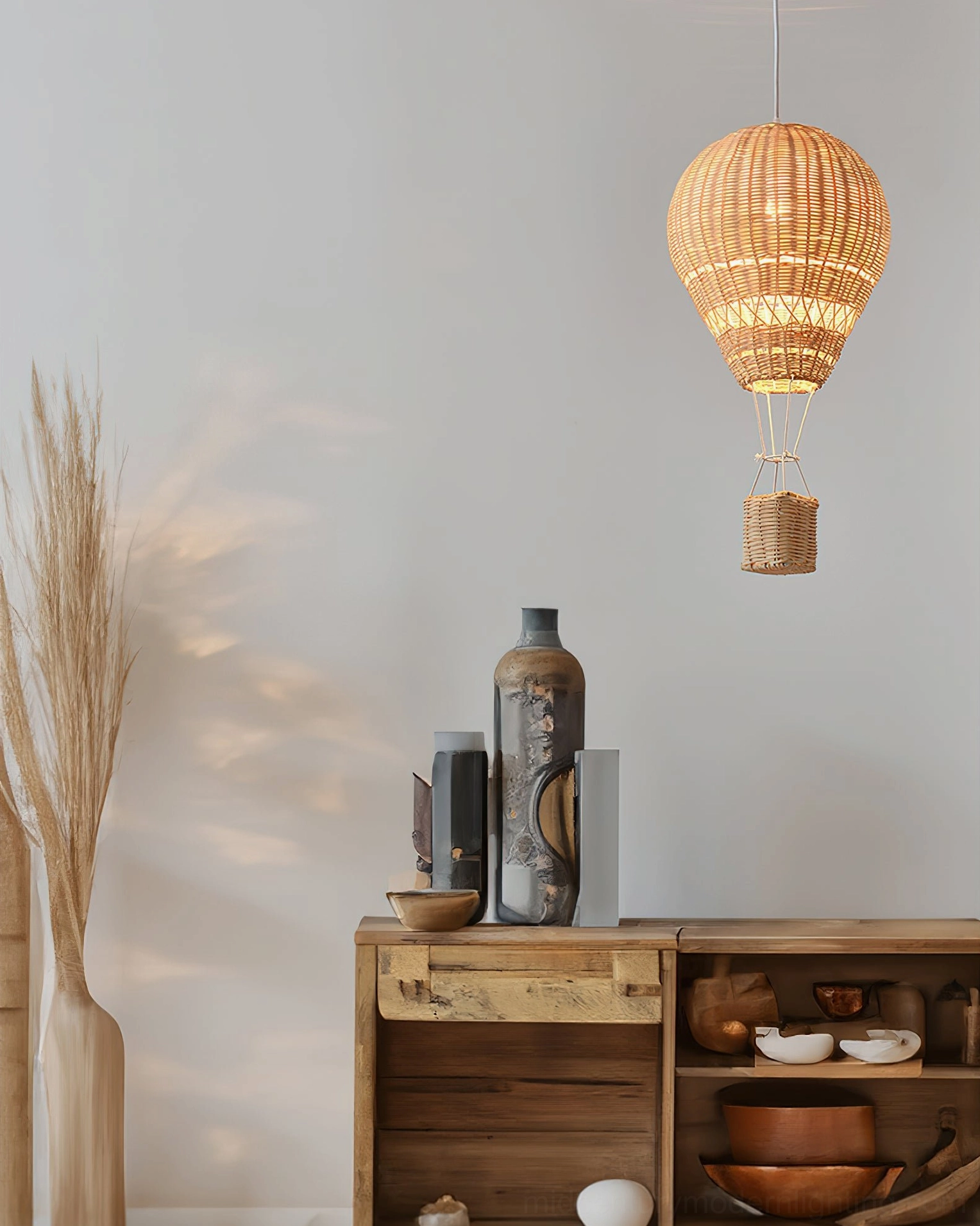 Vintage-inspired rattan hot air balloon ceiling pendant in bohemian home interior