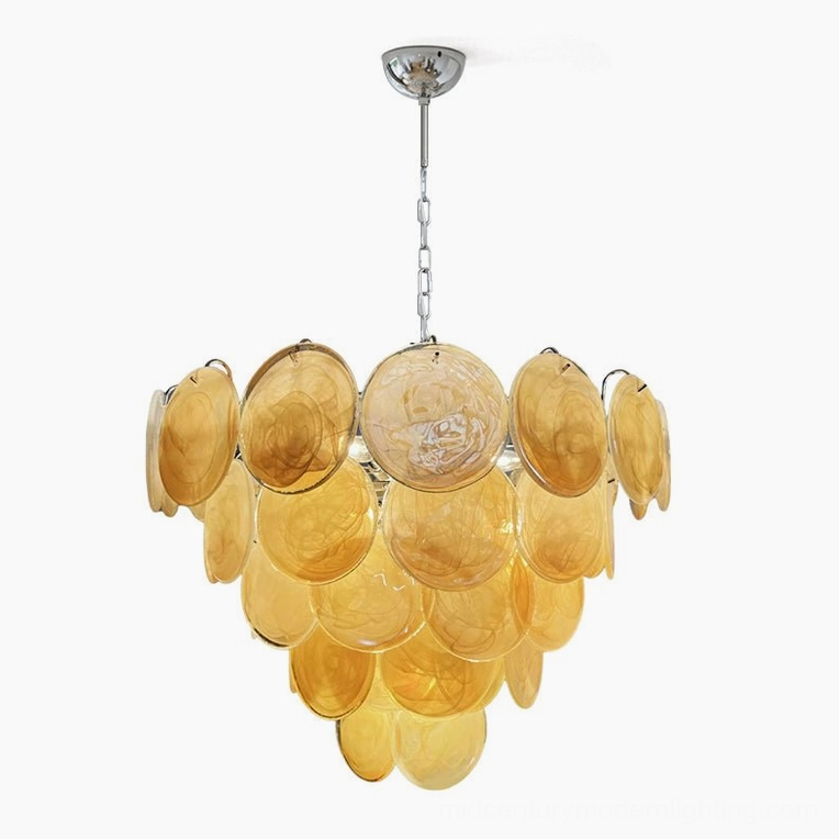 Vintage yellow round Murano glass disc chandelier complete view showing full tiered structure and chrome metal frame