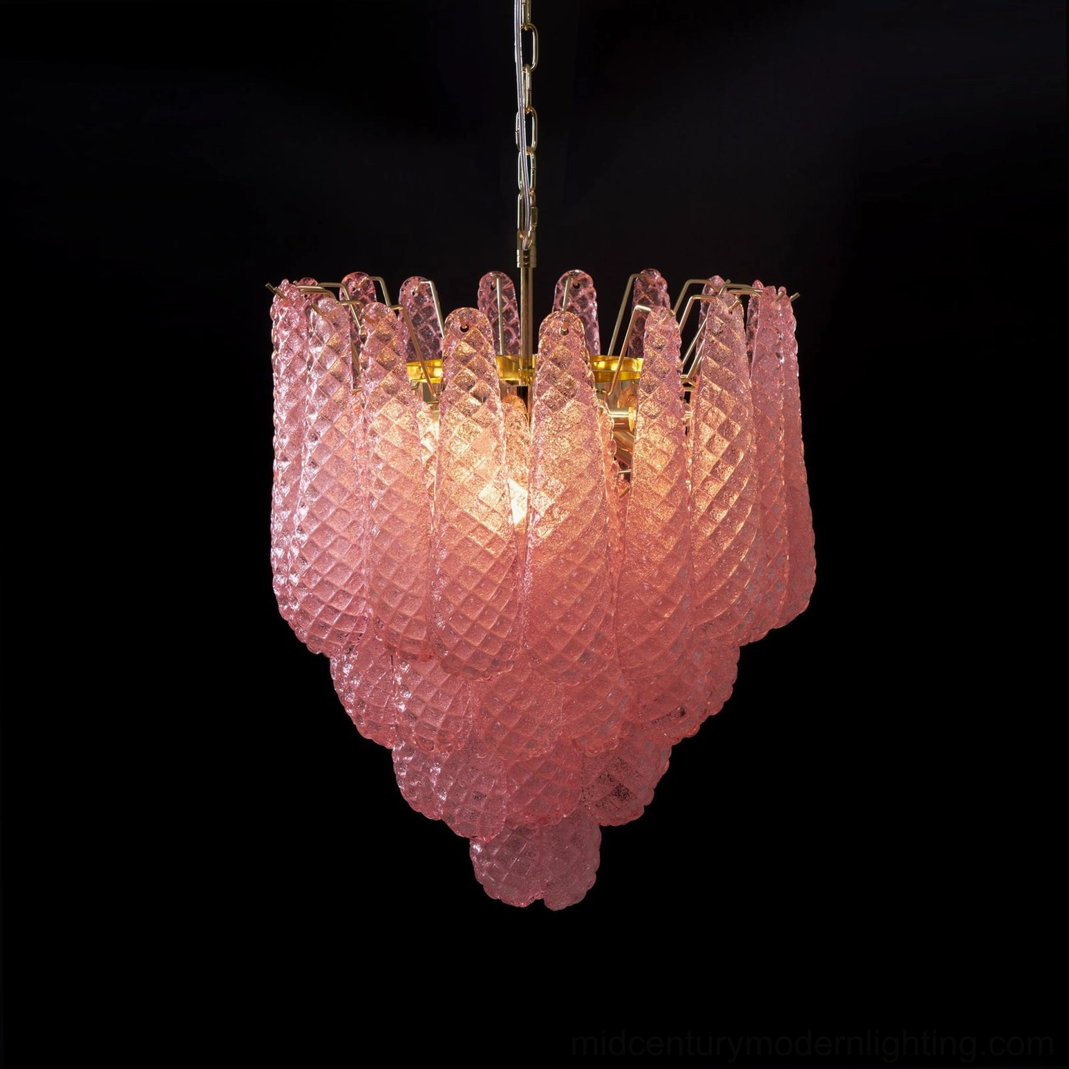 Viola pink glass chandelier full product shot showing complete tiered design and proportions