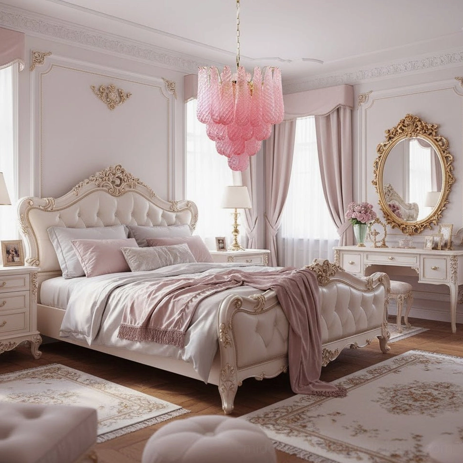 Viola pink hand-blown glass chandelier with cascading teardrop glass elements and gold hardware