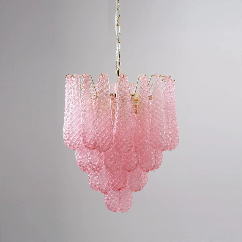 Viola pink and gold glass chandelier product photograph for size reference and styling