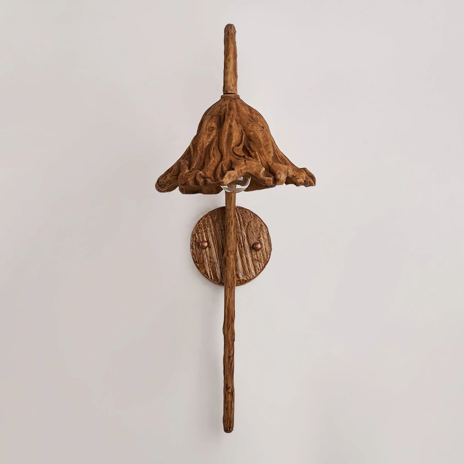 Volcano wall lamp straight vertical rod mount with round wall bracket, front view on white background