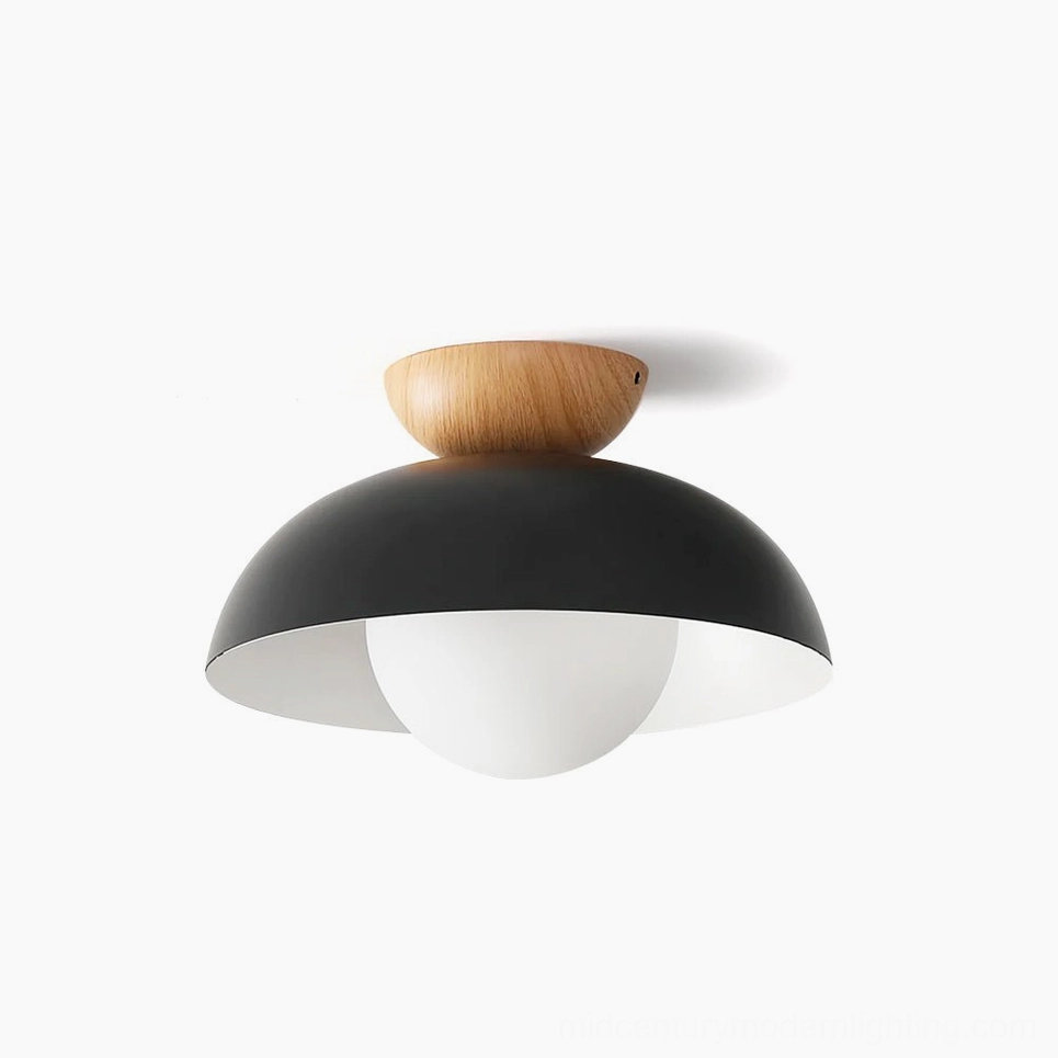 Volo mid-century modern ceiling lamp - black finish with white frosted glass shade, studio view