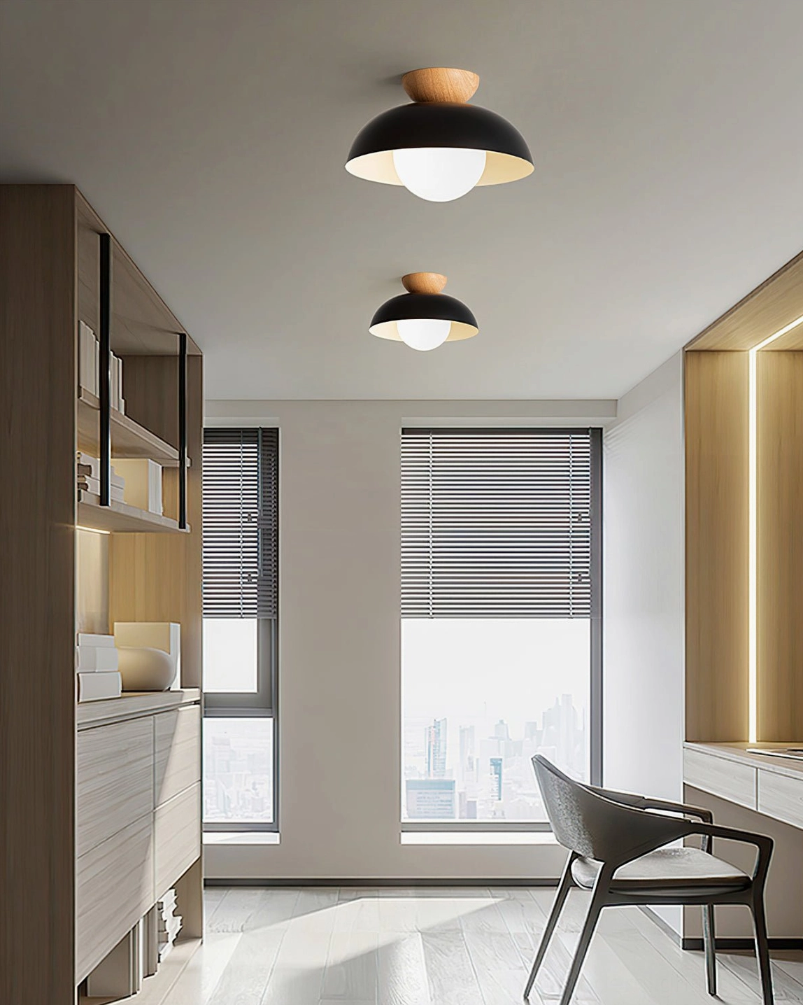 Volo ceiling lamps installed in home office - warm ambient glow, mid-century modern workspace