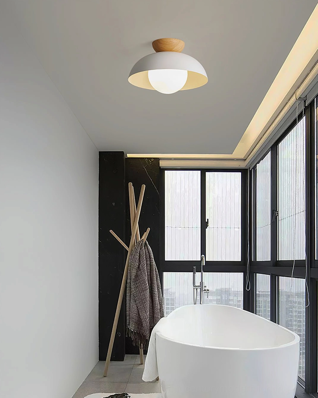 White Volo ceiling lamp in minimalist bathroom - frosted glass diffusion, low ceiling view