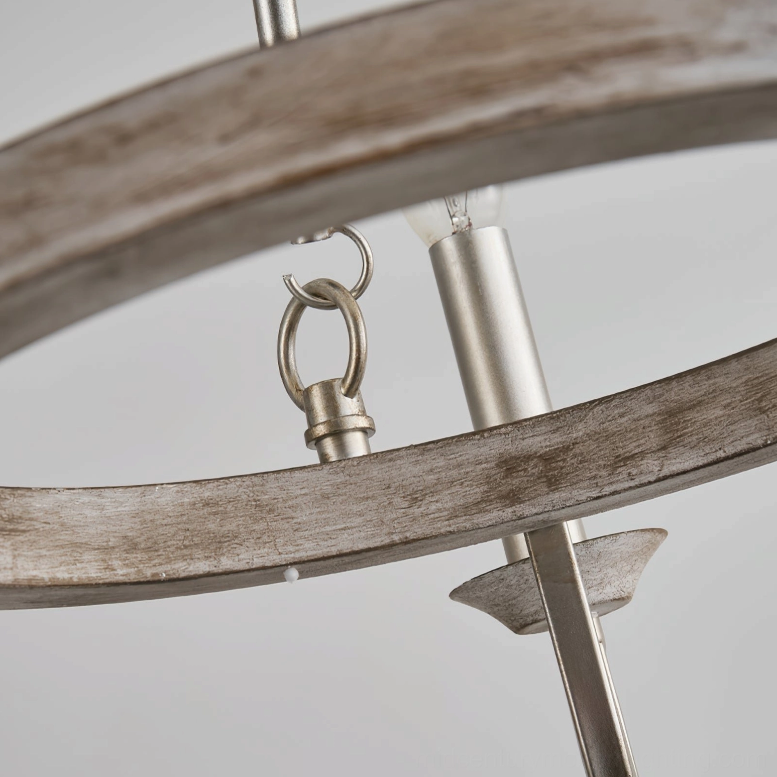 Wagon wheel chandelier top frame ceiling hardware brushed silver metal weathered wood