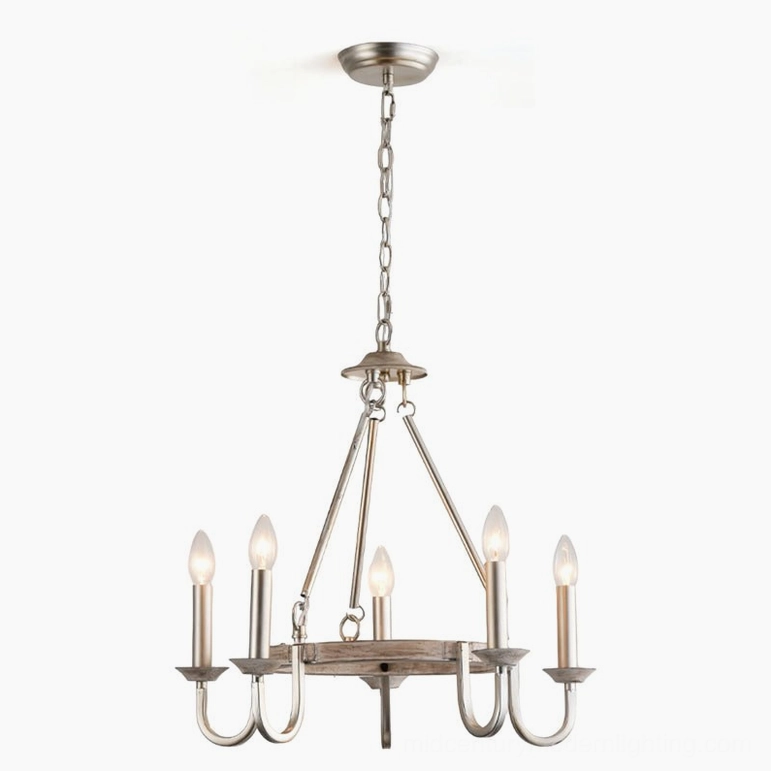 Chrome finish 5-light wagon wheel chandelier studio shot brushed silver metal accents