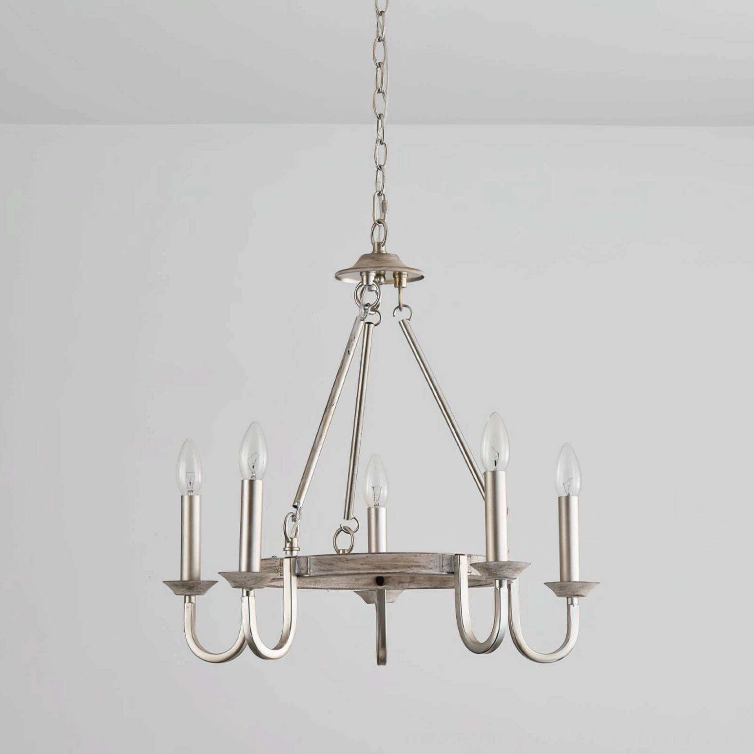 Wagon wheel chandelier complete product shot neutral background rustic pendant light