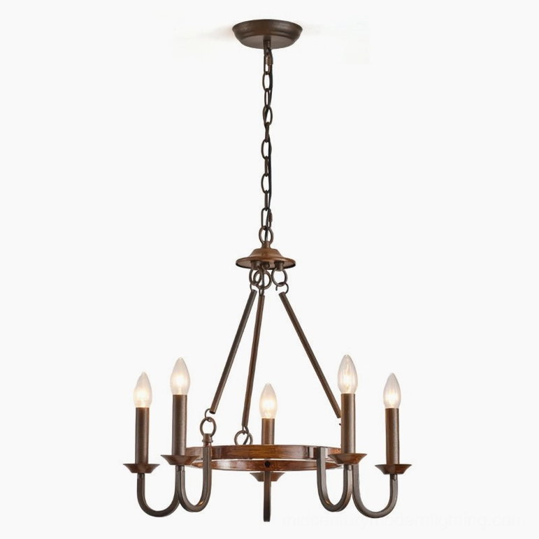Rust finish 5-light wagon wheel chandelier side view warm bronze patina coloring