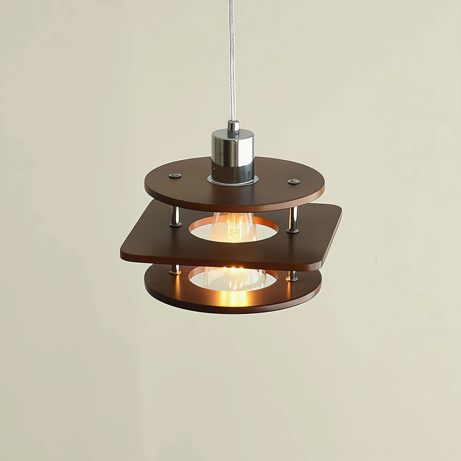 Walnut mid-century modern pendant lamp complete fixture with tiered shades, chrome hardware, and suspension system