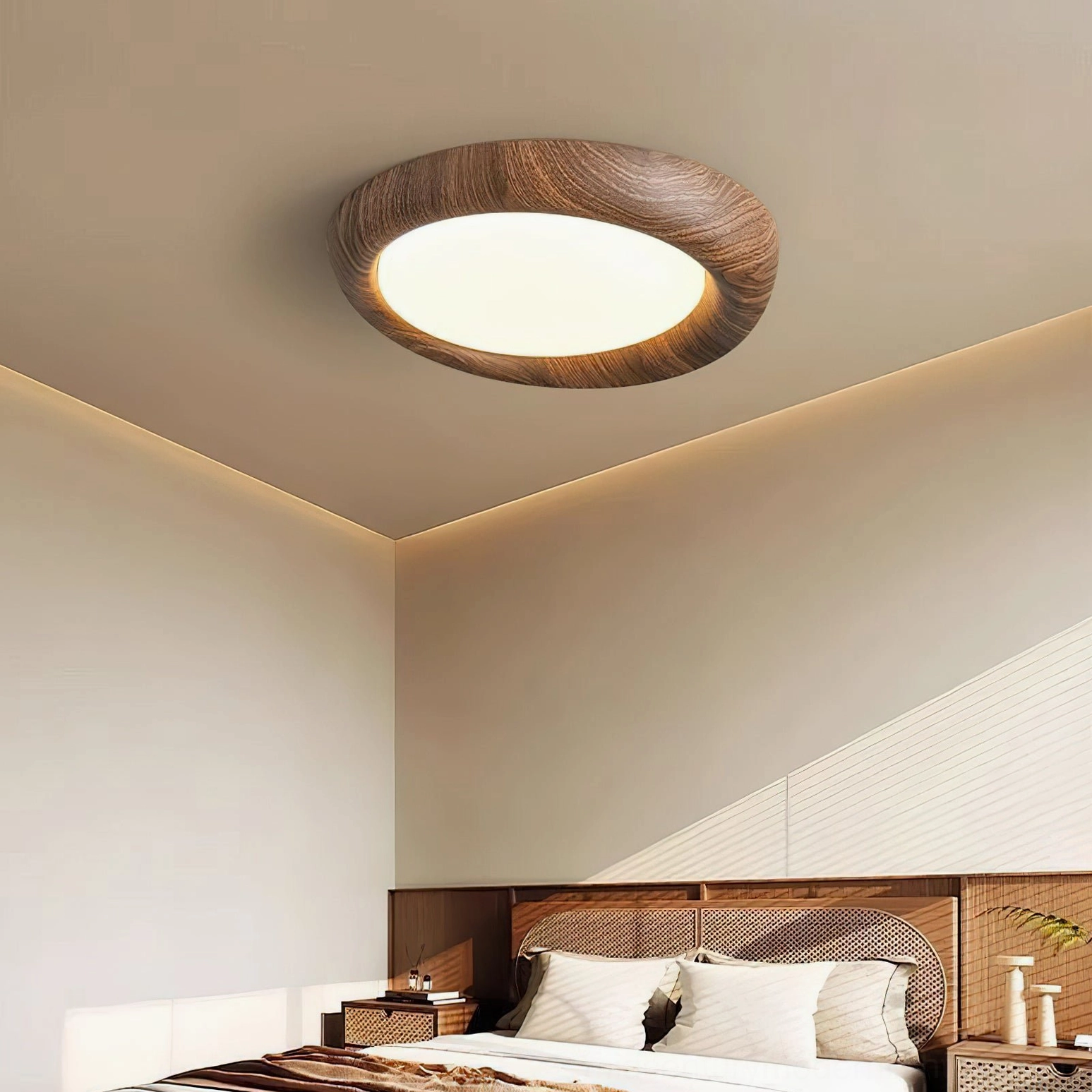 Vikaey ceiling light installed overhead, warm dimming LED creating ambient living space lighting