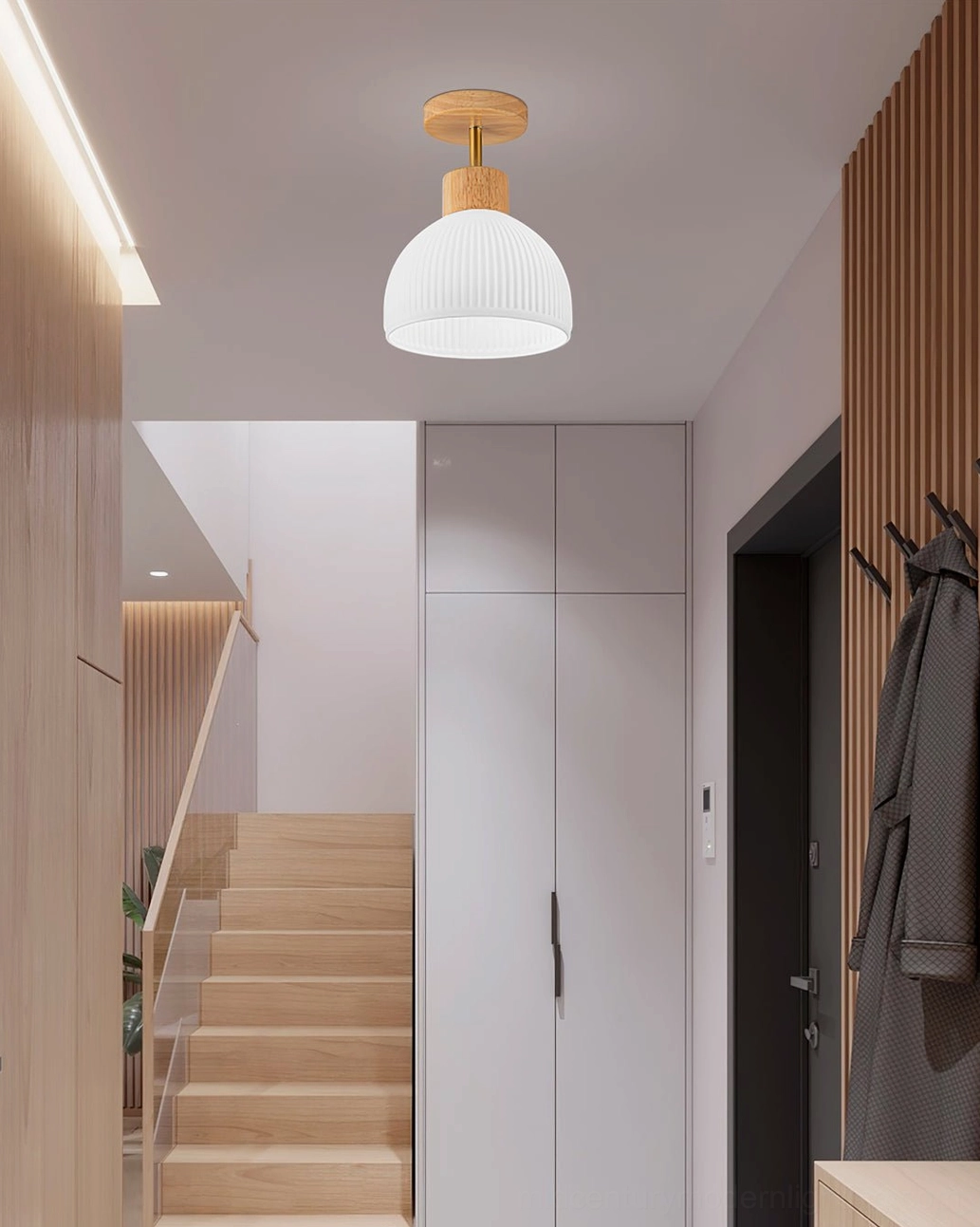 Ribbed semi-flush ceiling light with warm light glow, contemporary home lighting design