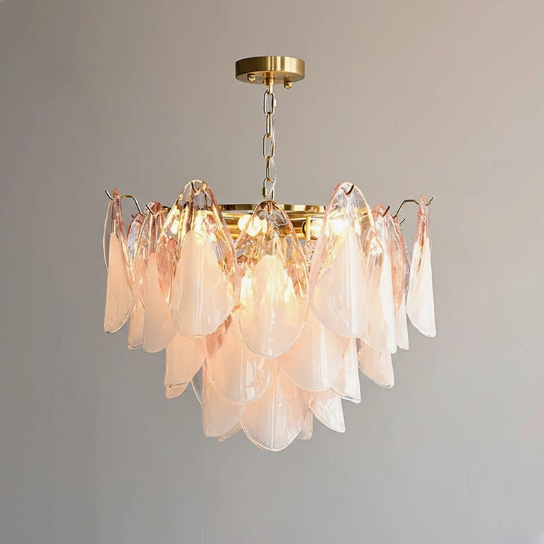 Warm pink and white gradient glass foliage chandelier, multi-layered design studio shot