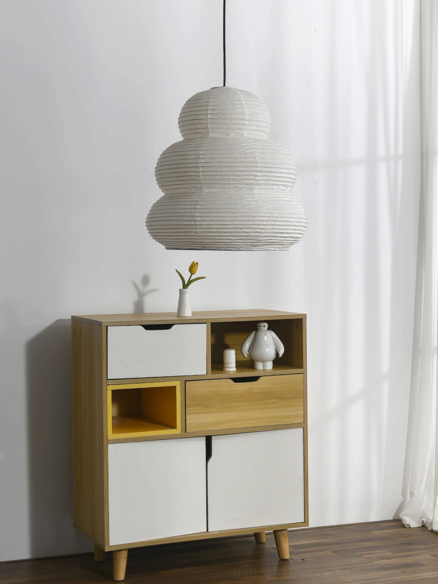 Washi 24N handcrafted pendant light from alternative angle showing tiered paper structure and form