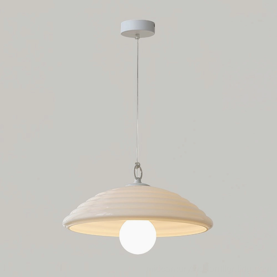 Wave glass pendant lamp creamy white ribbed dome shade mid-century modern design with soft ambient lighting effect