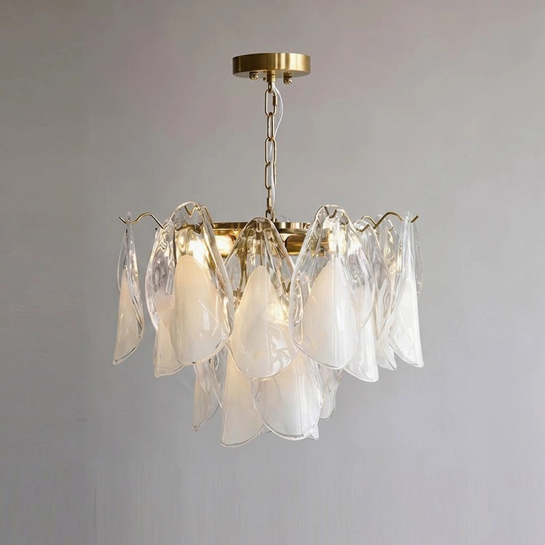 Smallest white and clear foliage glass chandelier variant with brass gold frame details