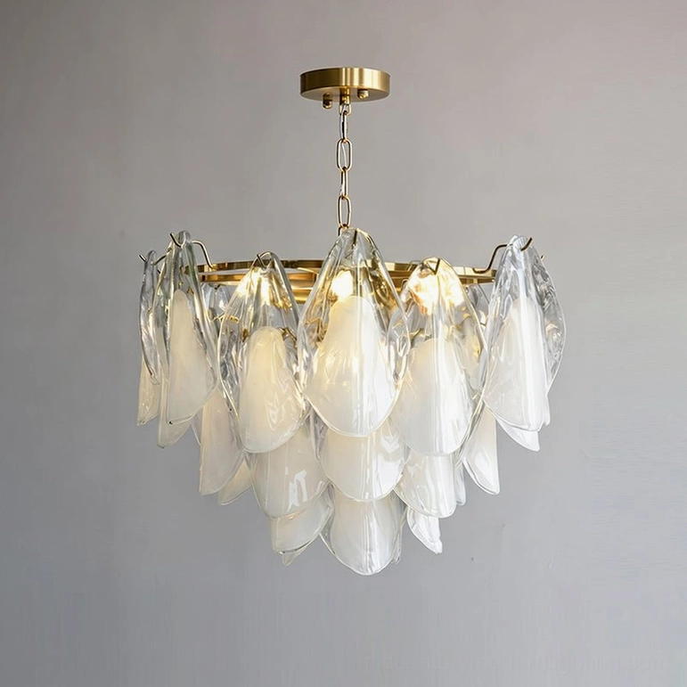 Mid-size white and clear glass foliage chandelier, minimalist modern design showcase