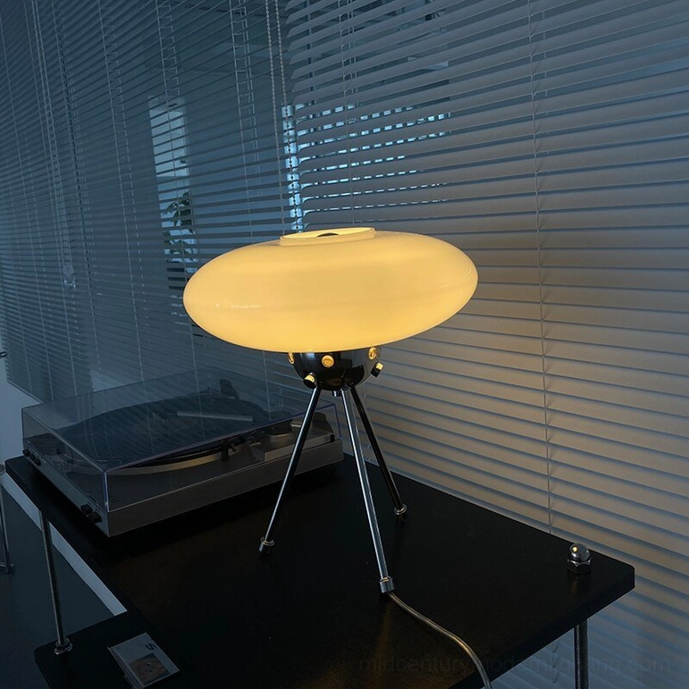 White frosted UFO dome lamp with chrome base contemporary minimalist interior lighting