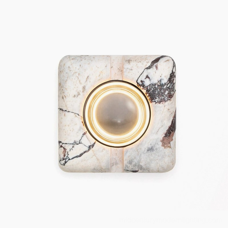 White marble rectilinear wall lamp with clear glass and warm LED for contemporary spaces