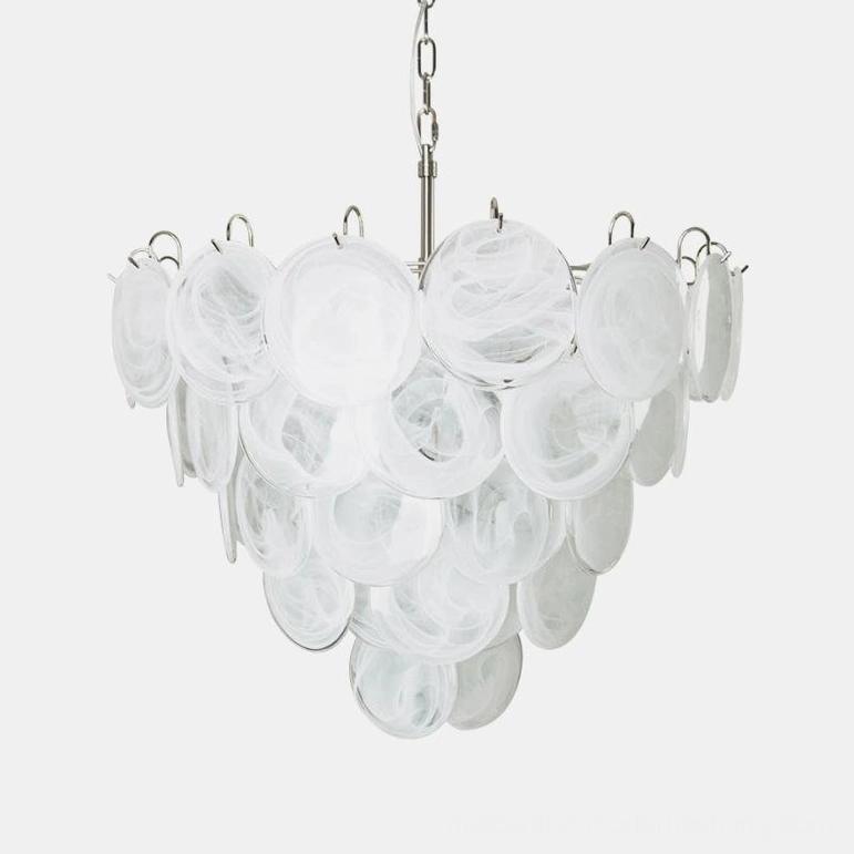 White Murano glass disc chandelier with transparent round discs in cascading layers creating mesmerizing light effect, studio view
