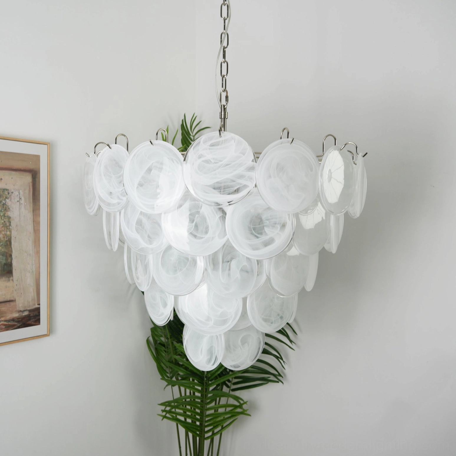White Murano disc chandelier with mesmerizing cascading glass disc effect, contemporary home interior ambient lighting