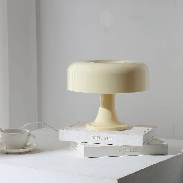 White mushroom table lamp sculptural form, minimalist mid-century modern table lighting