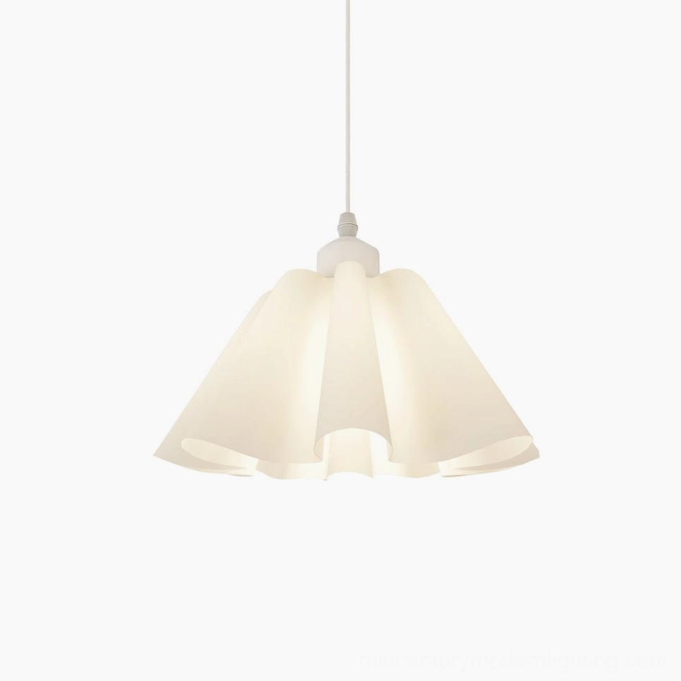 White pleated pendant light on neutral background showcasing clean minimalist design for dining and living spaces
