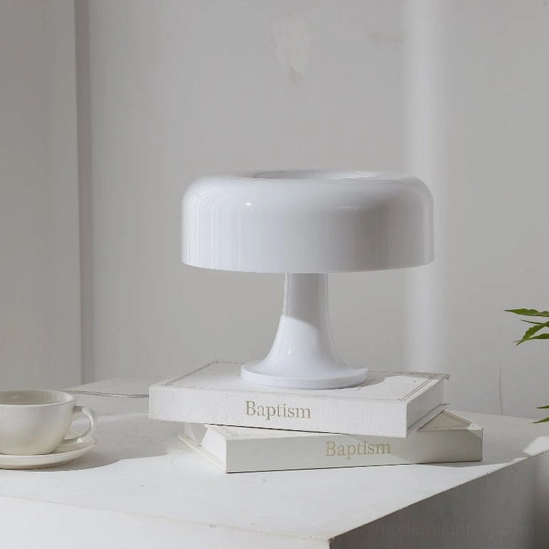 White Pop Mushroom Table Lamp complete product view, mid-century modern acrylic desk lamp 24.5cm diameter