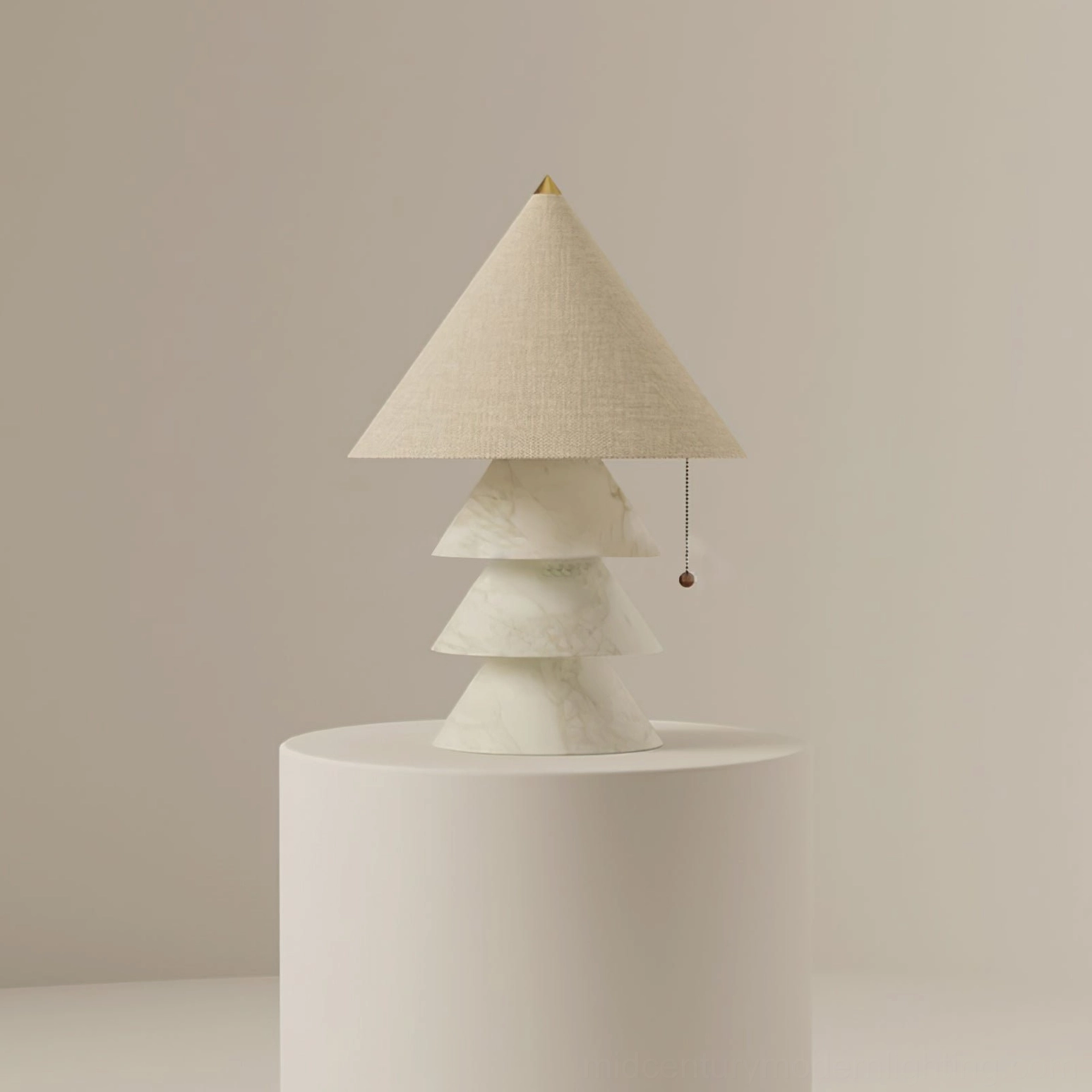 White marble pyramid table lamp with fabric shade on display pedestal studio setting