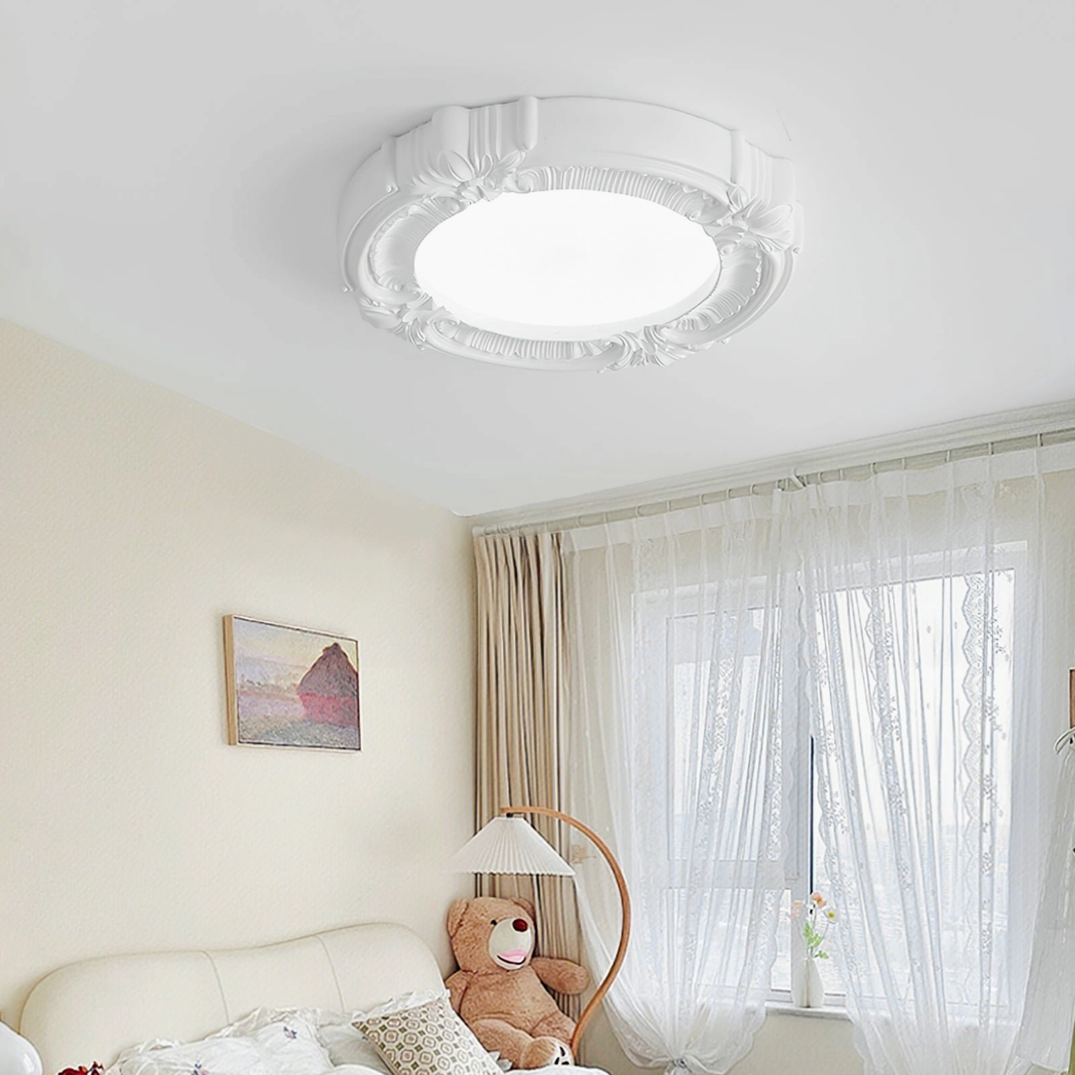 White ornate retro ceiling lamp mounted in romantic bedroom with sheer curtains and soft lighting