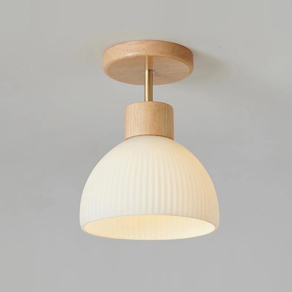 White ribbed ceramic ceiling lamp with natural wood base, complete fixture design