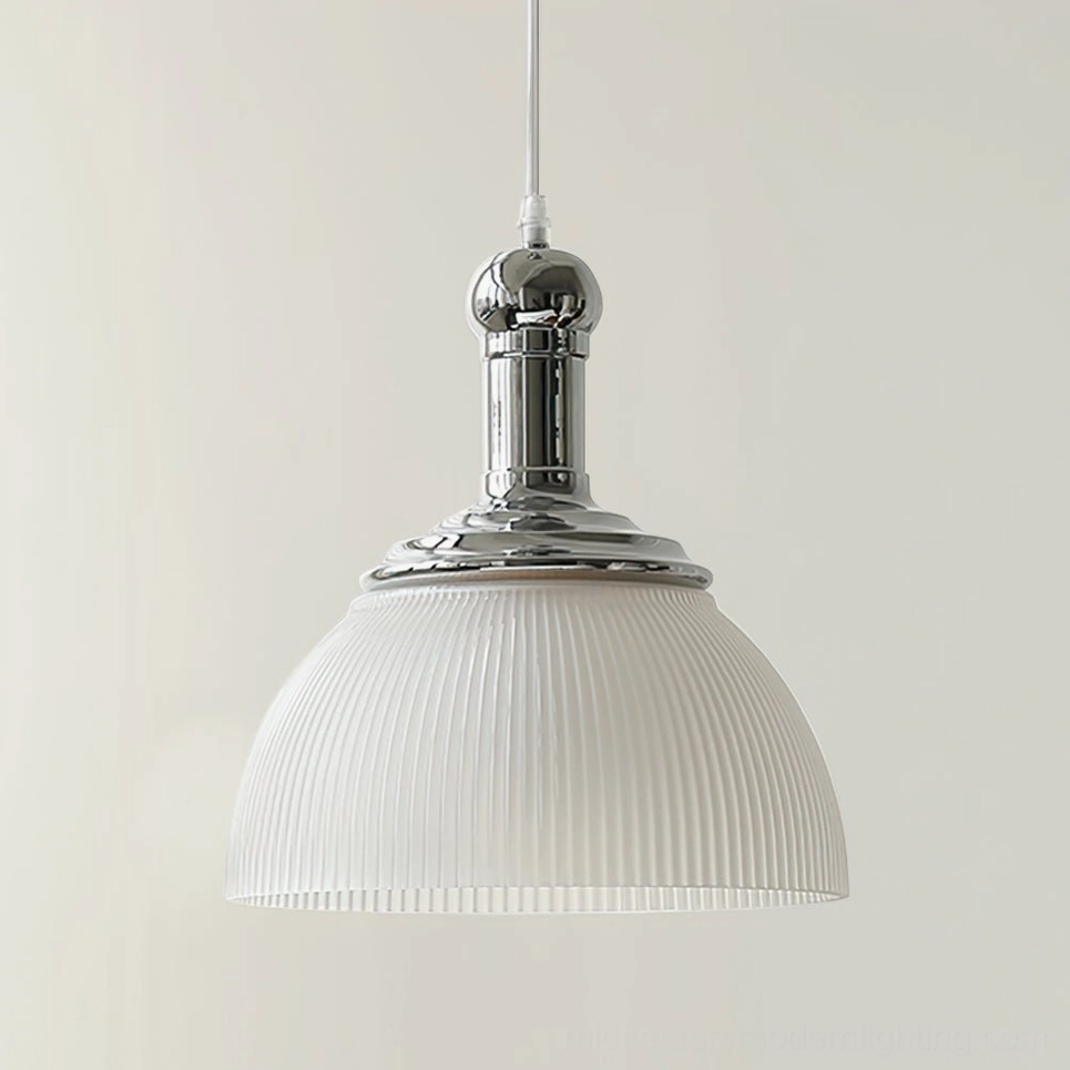 White ribbed glass pendant lamp with polished chrome metal hardware, sleek modern design aesthetic