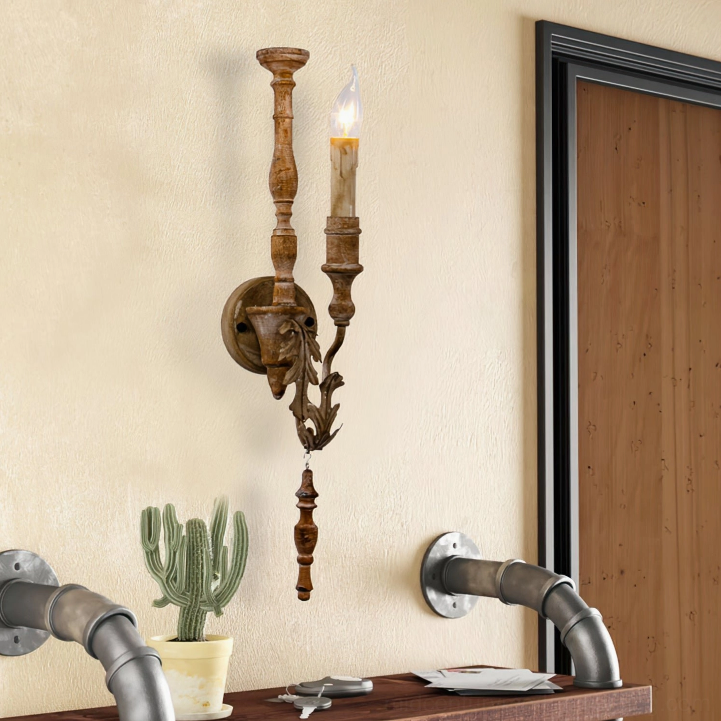 Rustic candlestick wall lamp in entryway setting with wooden shelf, three-quarter perspective