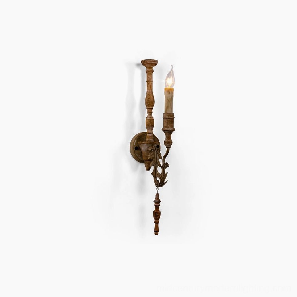 Whitey candlestick wall sconce with dual arms, brown weathered wood finish, front studio view