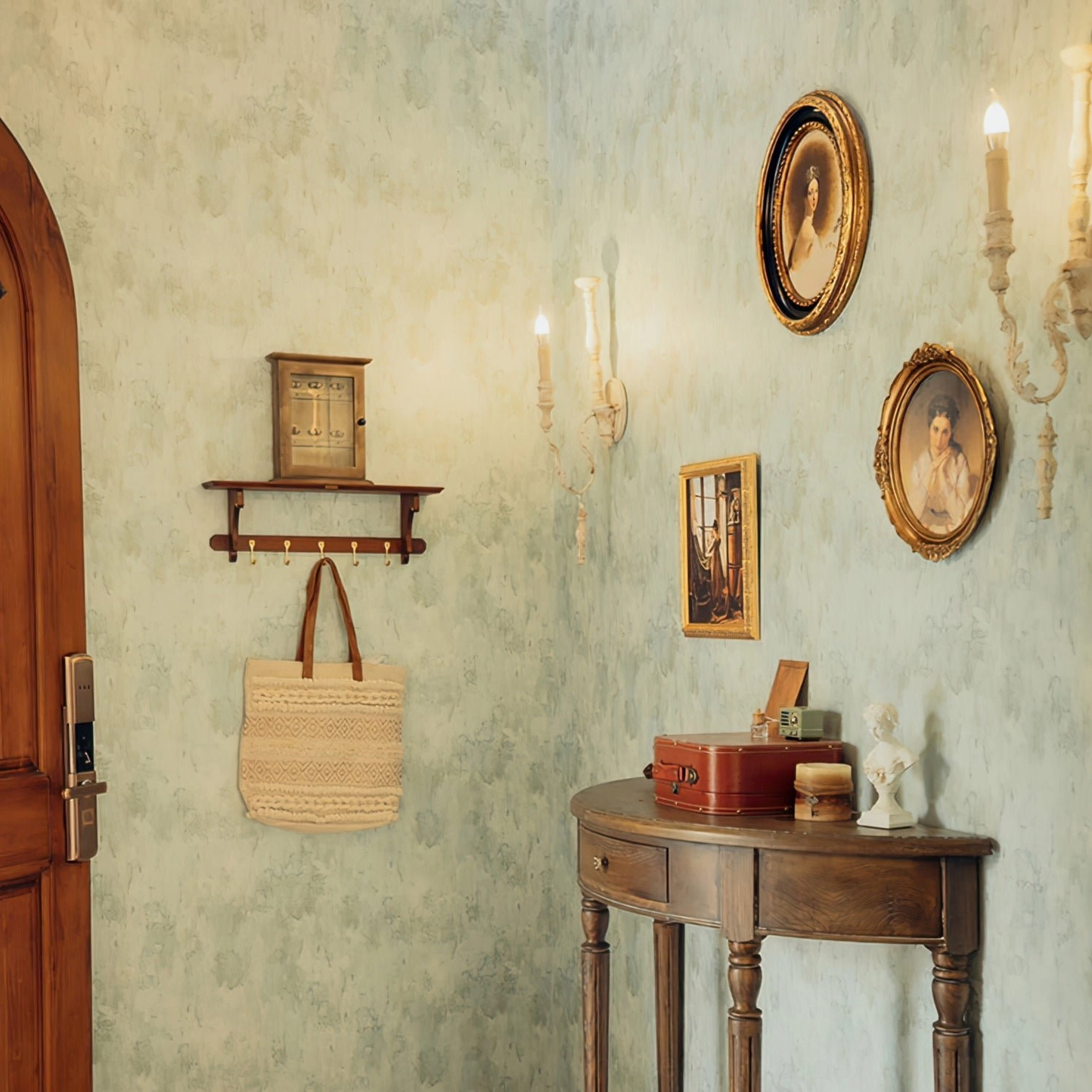 Dual wall sconces flanking mirror in vintage country-style living room with antique furnishings