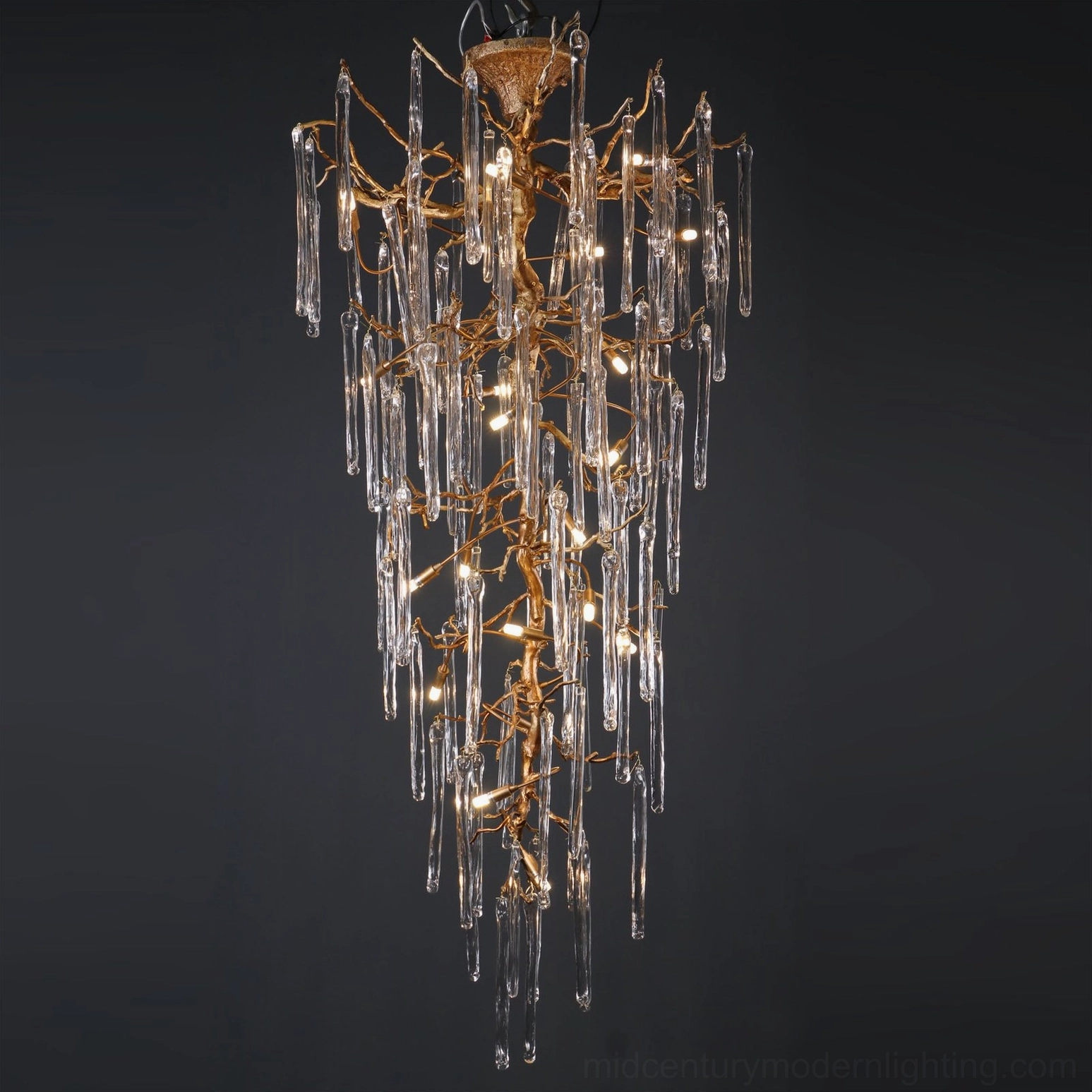 Hand-cast brass organic curved branches, contemporary glass chandelier sculptural form