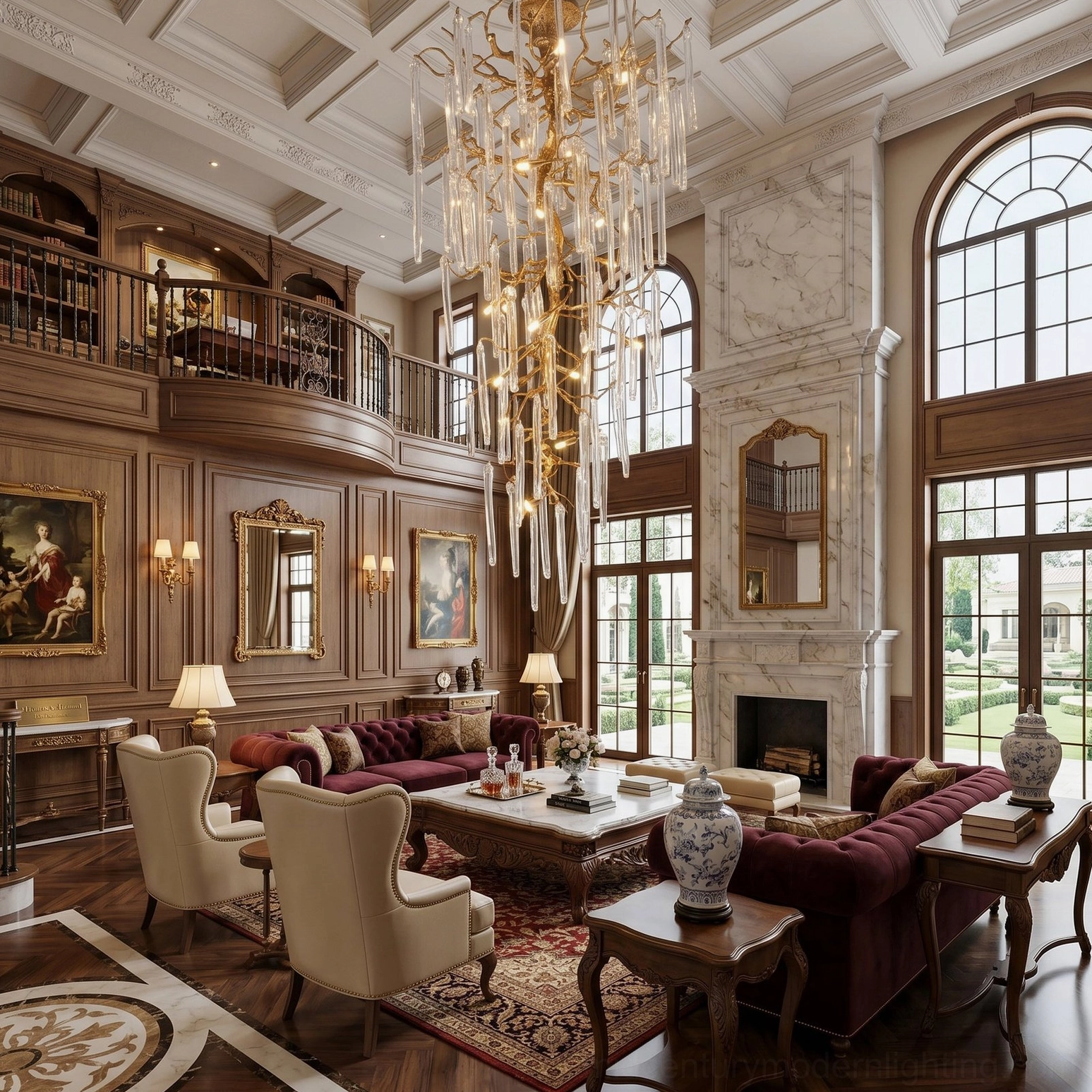 Hand-cast brass branch chandelier in formal dining and living space with wood paneling, warm glow
