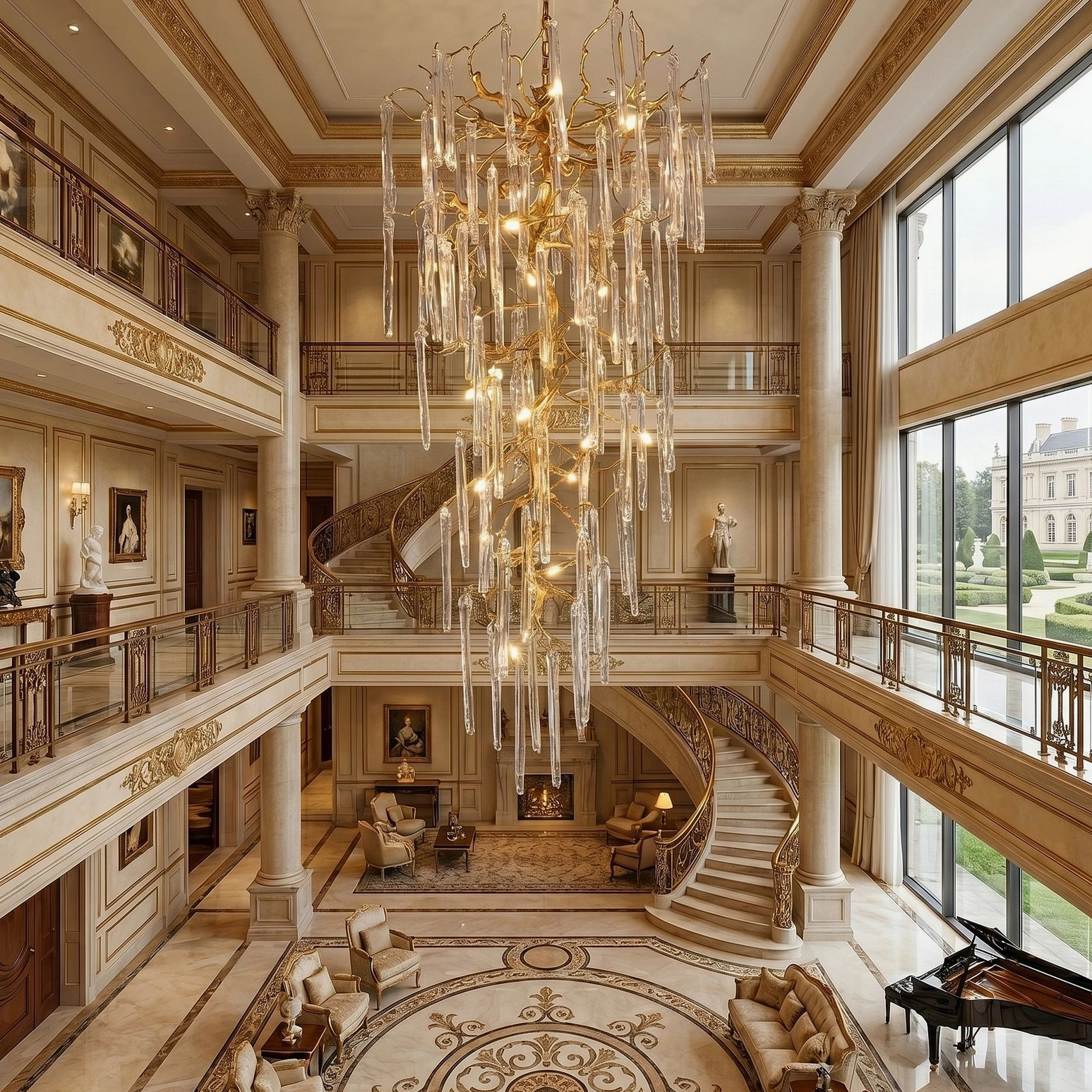 Oversized brass branch chandelier in massive double-height marble lobby, bird's-eye mansion interior view
