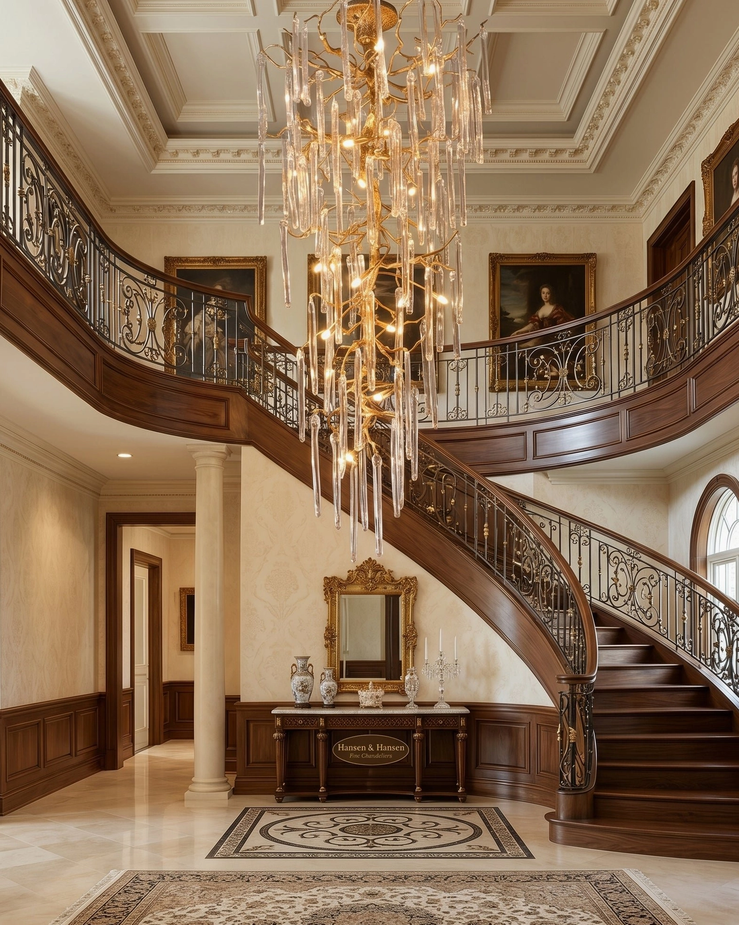 Grand brass chandelier cascading above ornate iron-wood railing, neoclassical two-story stairwell