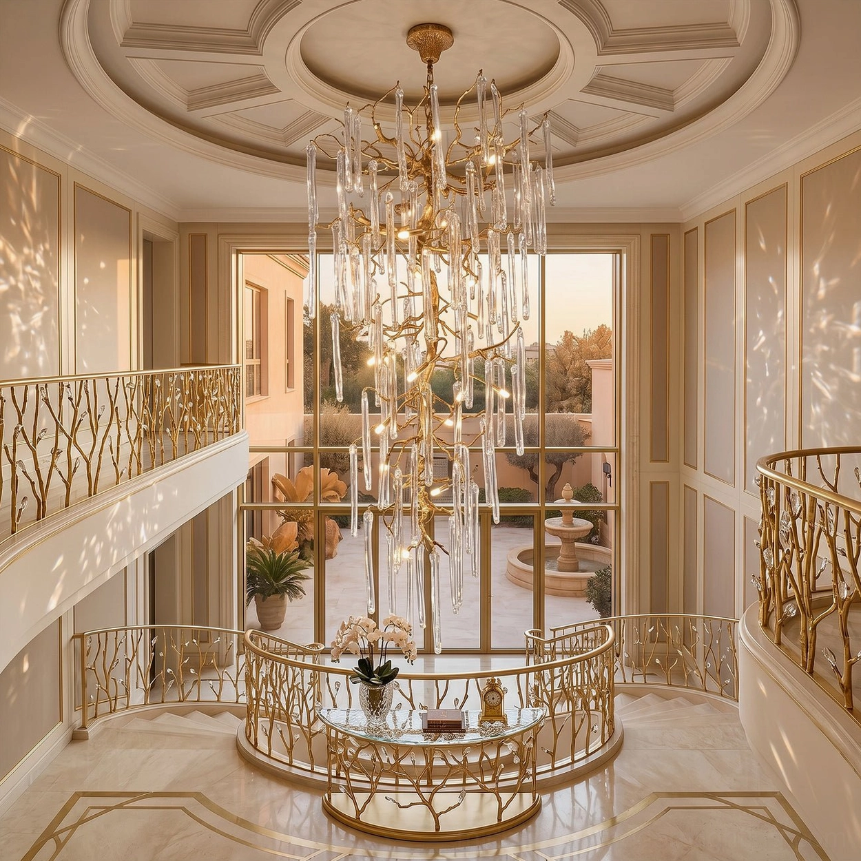 Sculptural glass chandelier suspended above curved balcony foyer, modern brass frame, natural light