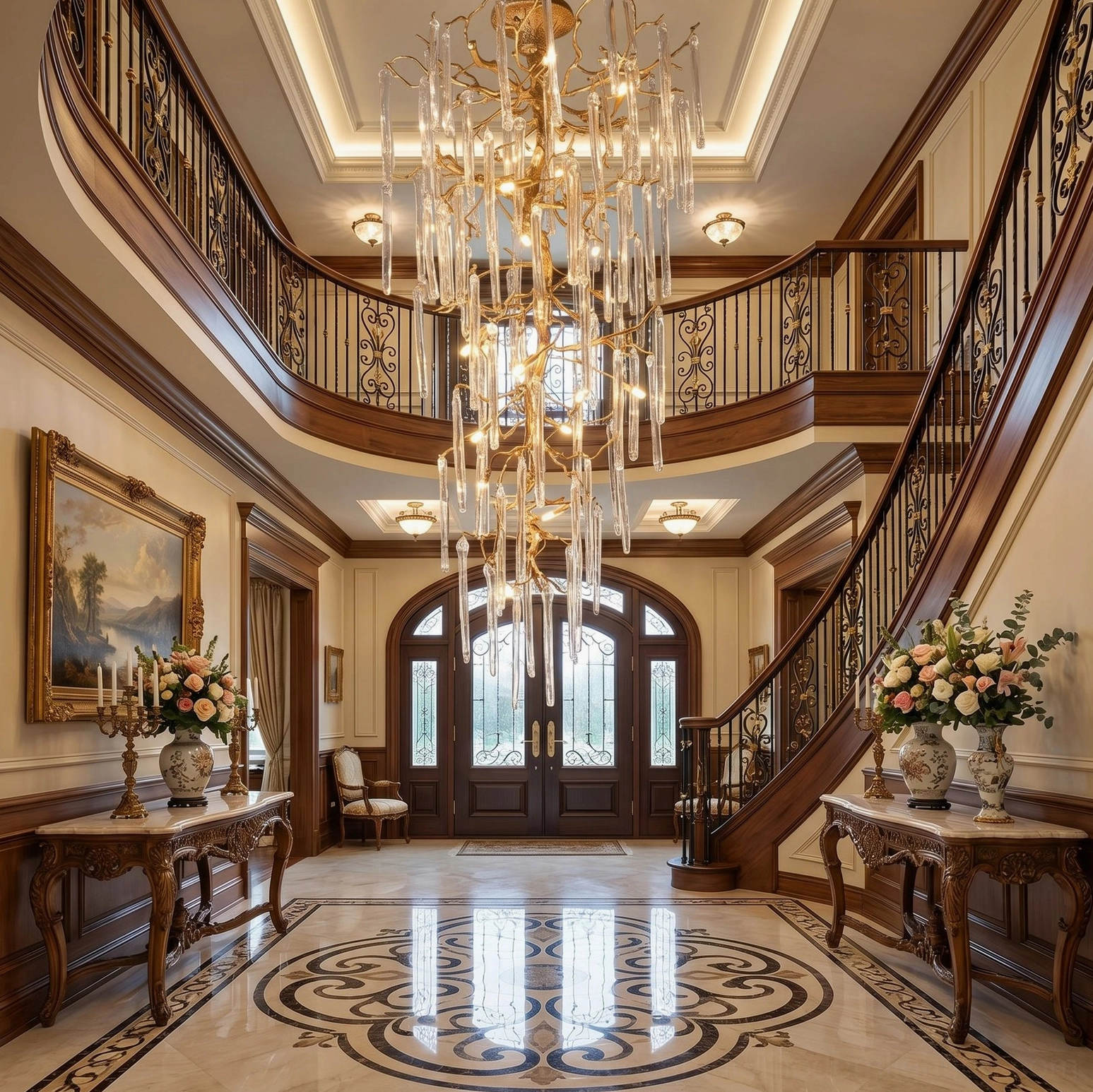Large antique brass glass chandelier centered in double-height entry, polished metal hardware detail