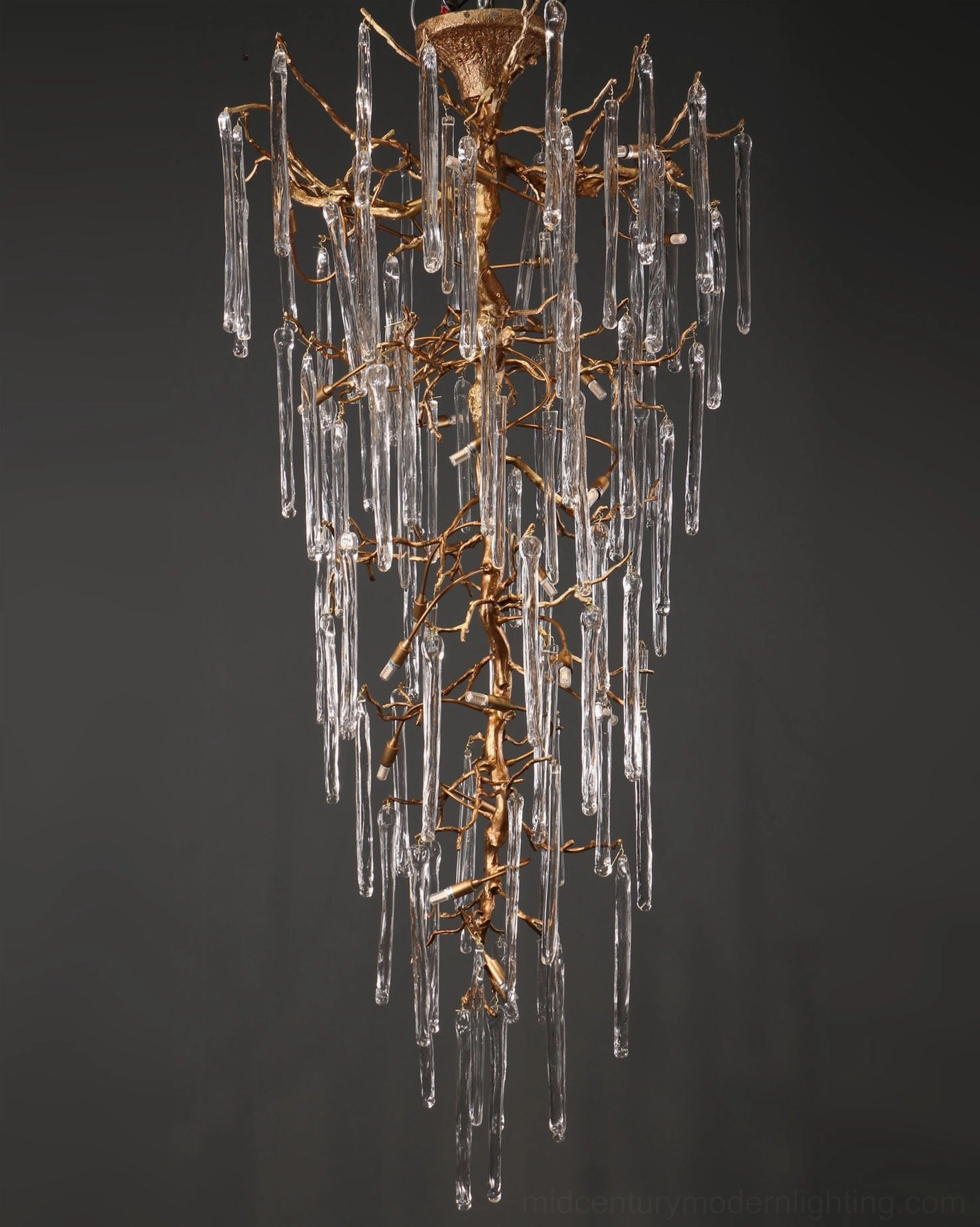 Willow Glass Chandelier full fixture view, hand-cast brass frame with cascading glass drops design