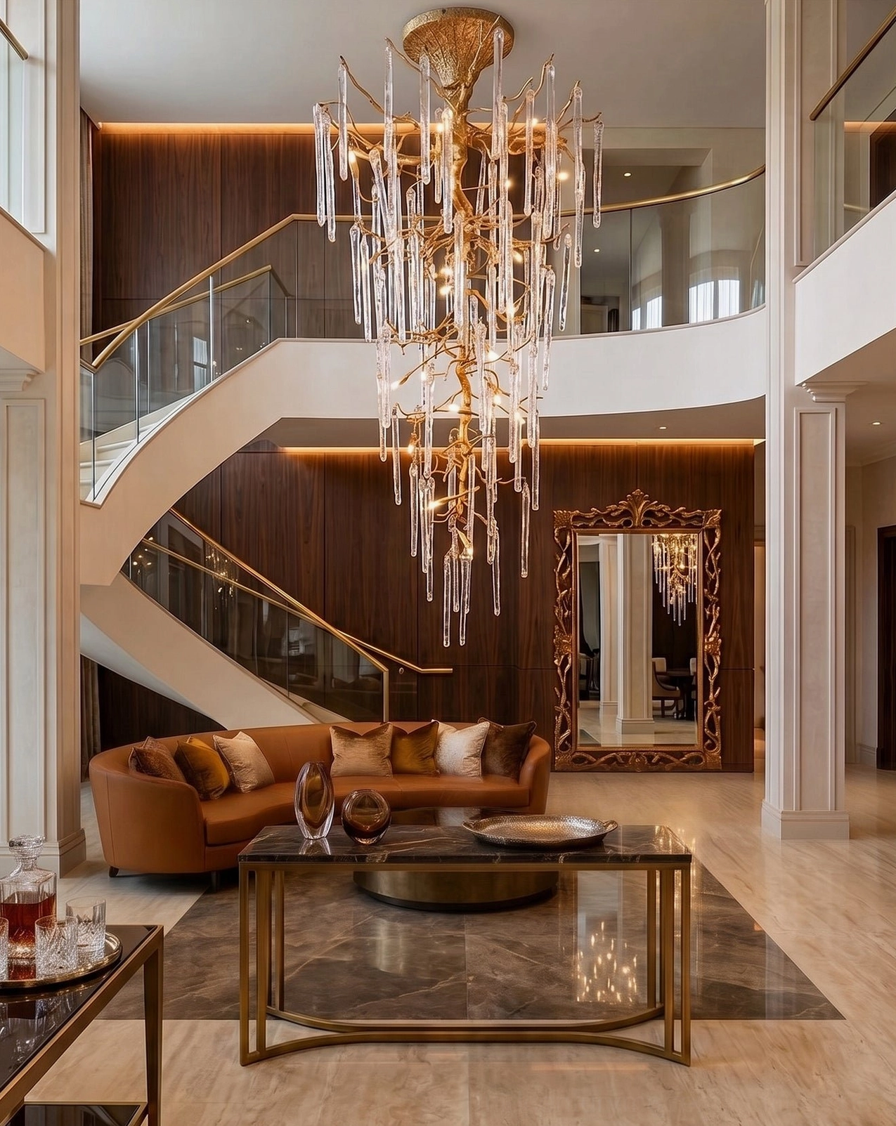 Tall mid-century modern glass chandelier in luxury two-story entryway with wooden spiral staircase
