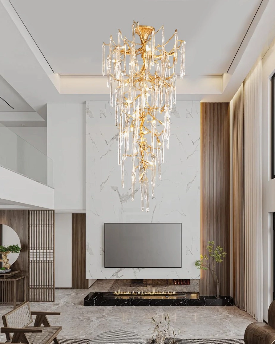Mid-century modern glass chandelier with antique brass finish, artistic glass drop detail and reflection