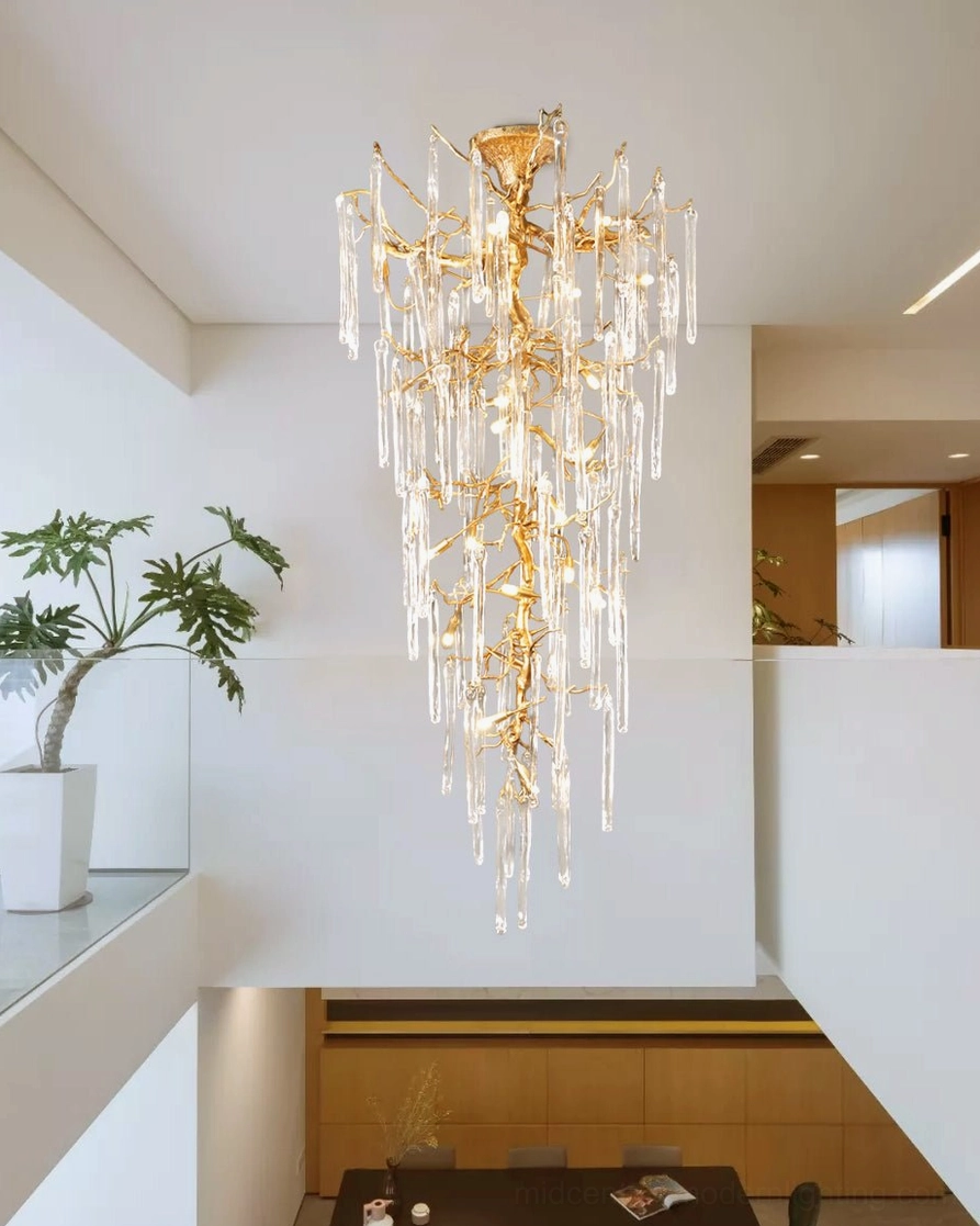 Willow Glass Chandelier mid-century modern design, brass branches and glass elements artistic detail